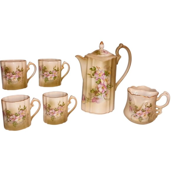 VTG NIPPON Hand Painted Wild Rose 7 Piece COMPLETE Floral Tea Set Chocolate Pot - Picture 2 of 8